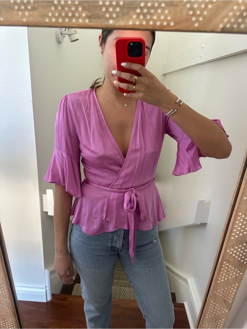 Zara Lavender-Pink Wrap Blouse with Ruffled Peplum